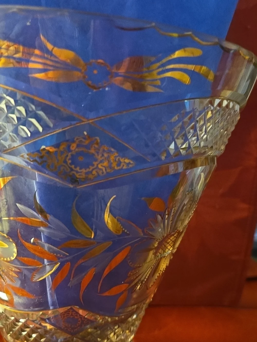 Vintage Bohemian Cut Crystal Vase With Gold Gilding.